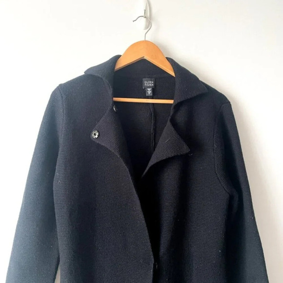 Eileen Fisher 100% Merino Wool Collared Long Line Knit Cardigan  Coat Black M - Picture 2 of 5